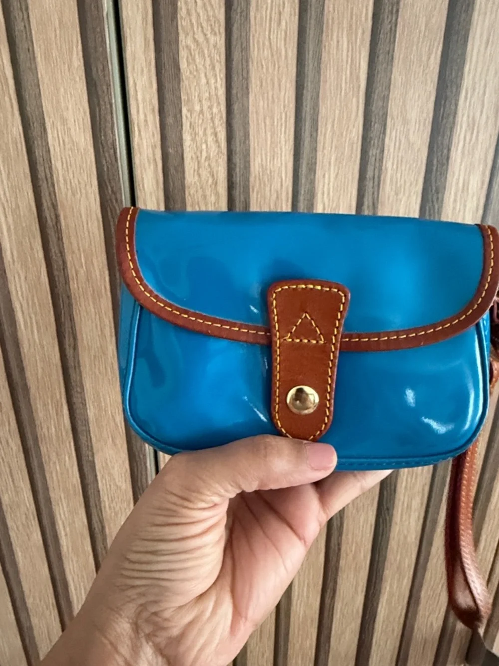 Dooney & Bourke Patent Leather Clutch in Bright Blue with Brown Trim - Picture 9 of 10
